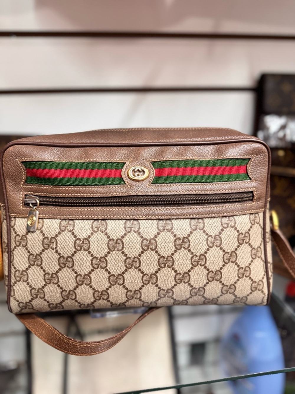 Gucci Brown GG Supreme Crossbody with Green-Red Web